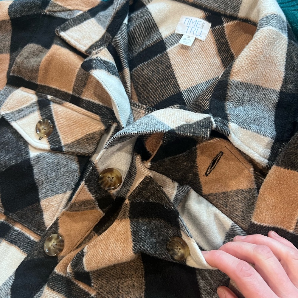 Time & True Plaid Shacket Pockets Black,Tan,&White Cottagecore Whimsy Urban - Picture 4 of 11